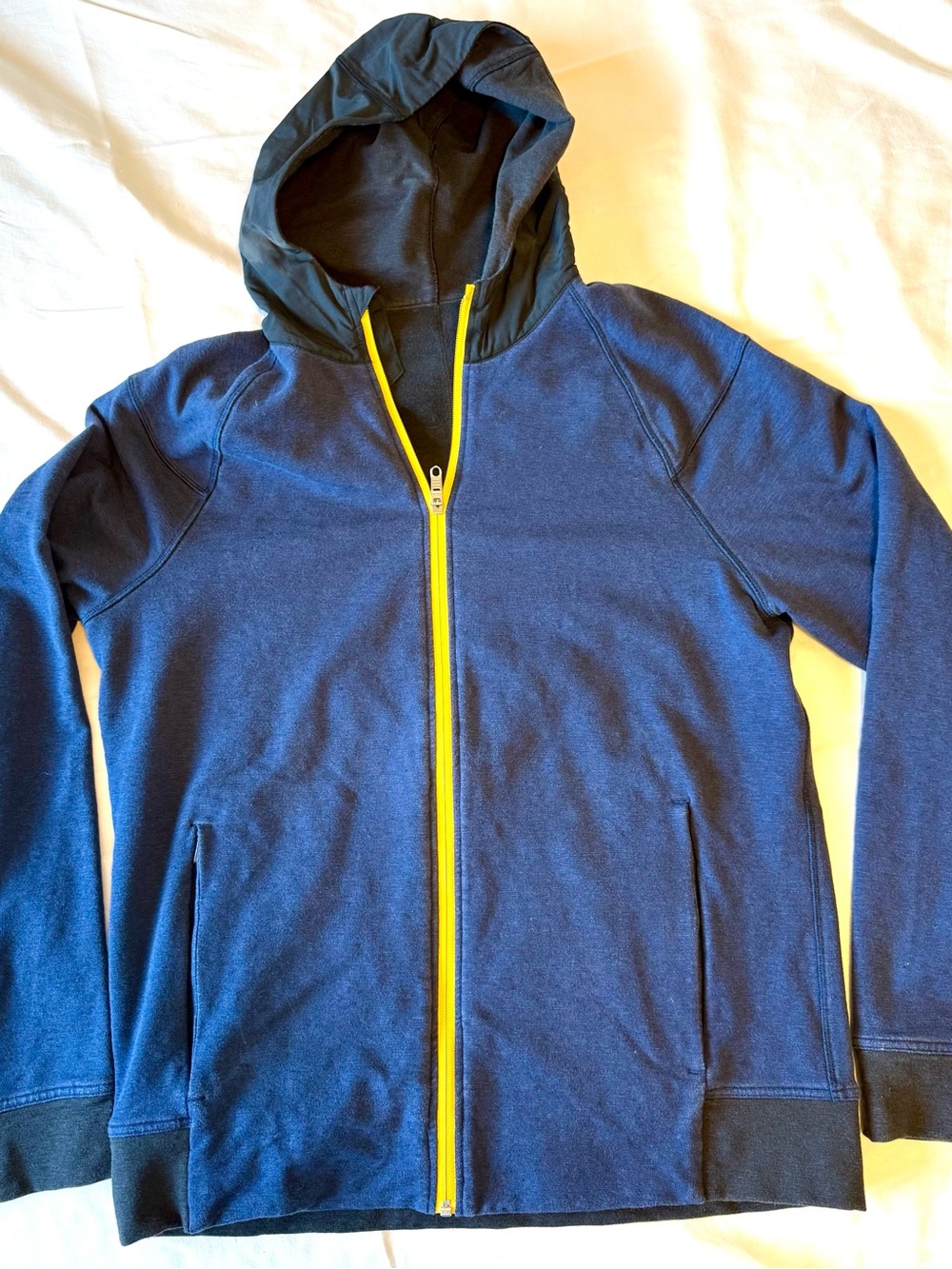 Lululemon Men's Navy Blue Hooded Zip Jacket with Yellow Trim